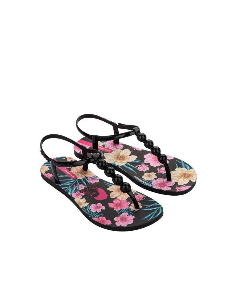 Sandalia Mujer Negro Flores Ipanema