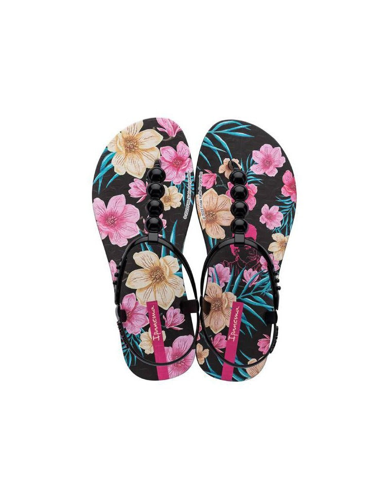 Sandalia Mujer Negro Flores Ipanema